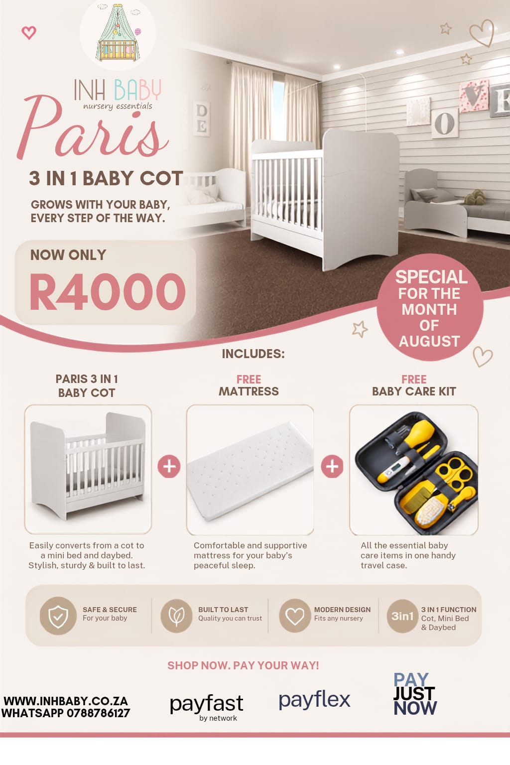 Paris Large Baby Cot 3 in 1 - Cot Promo